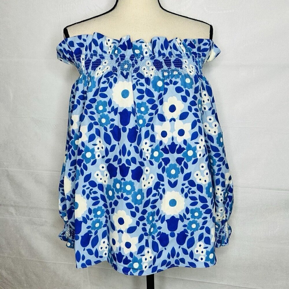 Tuckernuck Off-the-Shoulder Majolica Marguerite Sz XS Blouse Top Blue NWT NEW